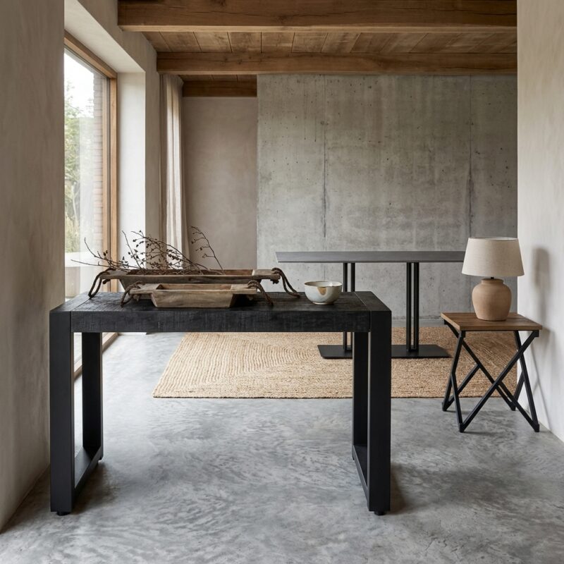 Mangohouten salontafel met stalen poten in zwart, industrieel design