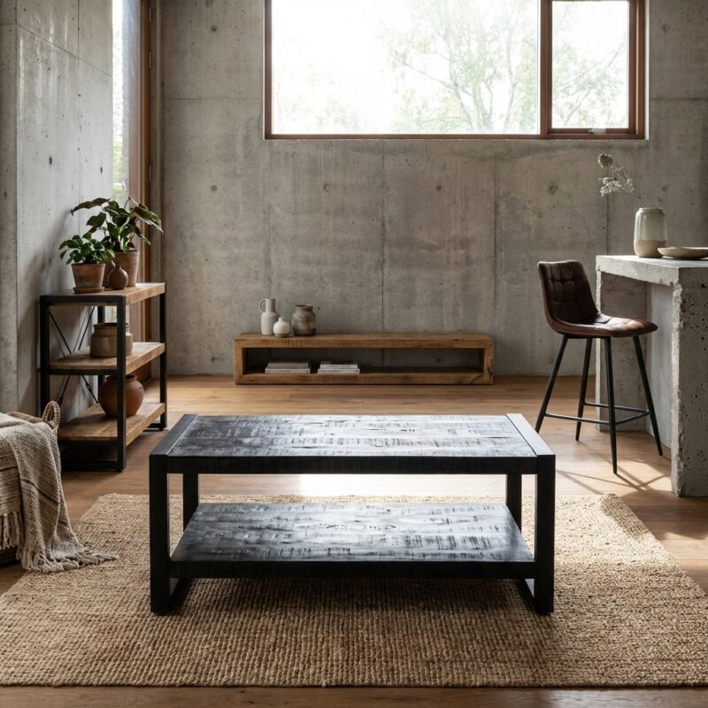 Salontafel Britt Zwart met Legplank, mango hout en poedercoat frame