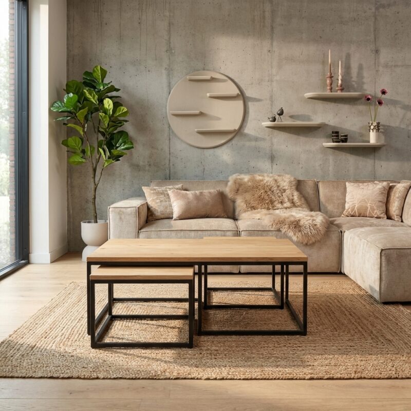 Trendy salontafel set Dakota met mangohouten frame en zwarte lak