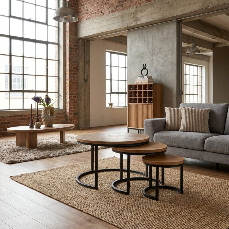 Trendy salontafel set Dakota met mangohouten tafelbladen en stalen frames in zwart