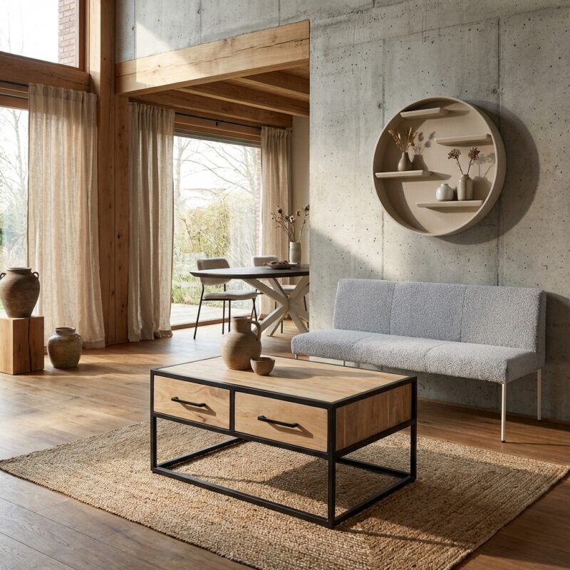 Salontafel Dakota, vierkant, mangohout, metalen onderstel, stijlvol