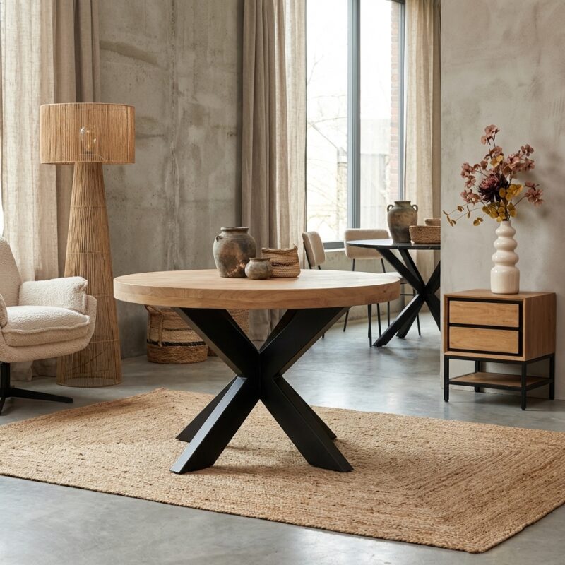 Salontafel Dakota, ronde salontafel met mangohouten tafelblad en metalen onderstel