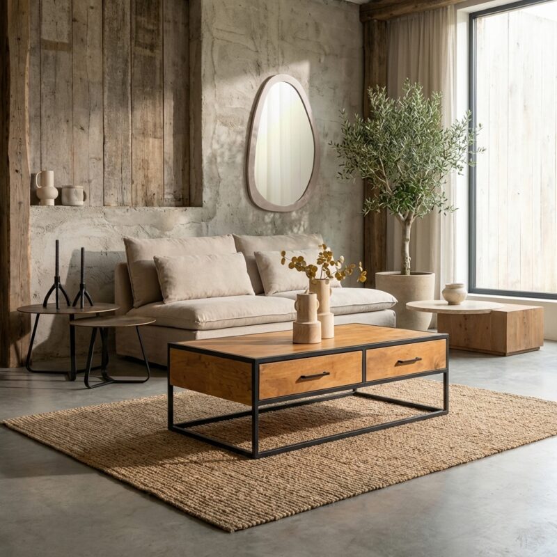 Trendy salontafel Denver in massief mangohout met zwart gelakt metalen frame