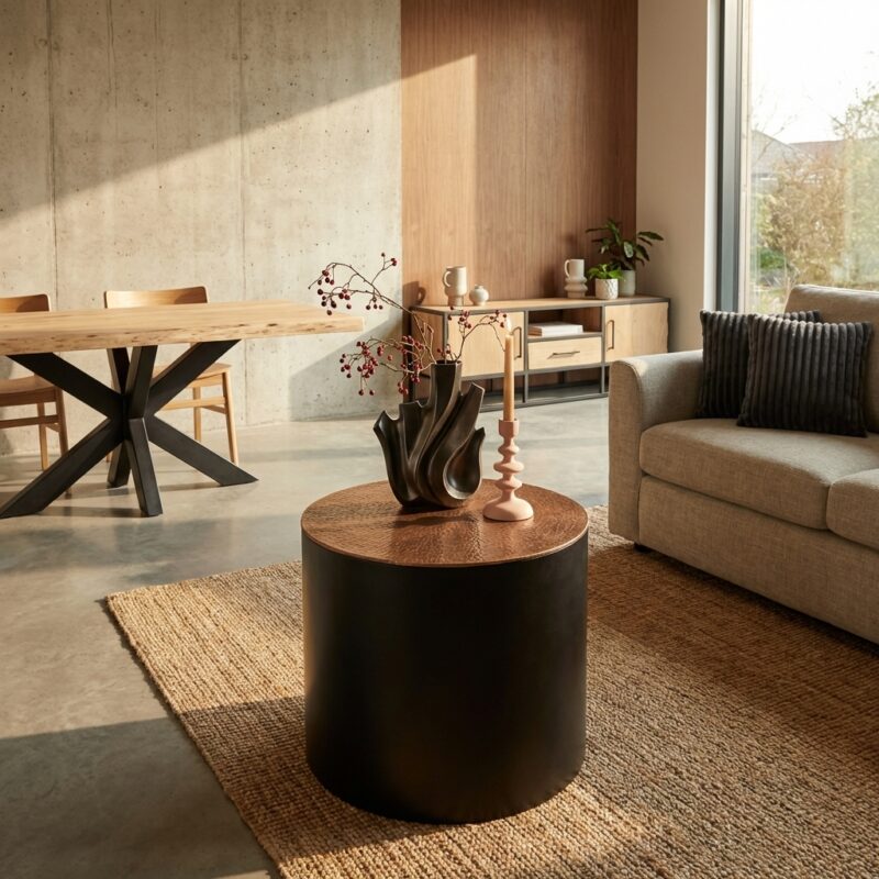 Salontafel Fiore Black, aluminium, antiek gouden en zwarte finish, ronde salontafel