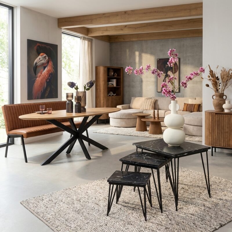 Salontafel set Jala zwart marmeren blad met metalen onderstel