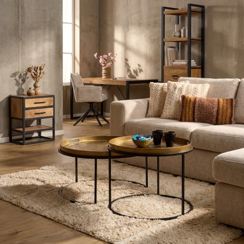 Salontafelset Julie, aluminium tafelbladen met koperkleur, ronde salontafels