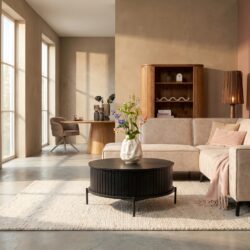 Salontafel Madison Black, ronde salontafel met twee lades en verticaal lattenpatroon