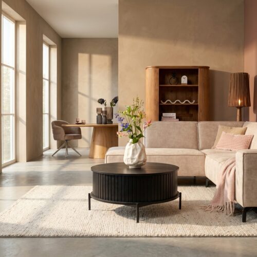 Salontafel Madison Black, ronde salontafel met twee lades en verticaal lattenpatroon