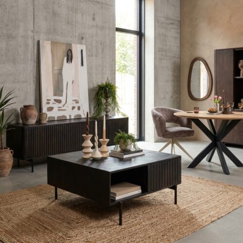 Salontafel Madison Black, vierkant, 80 cm, mangohout en metaal