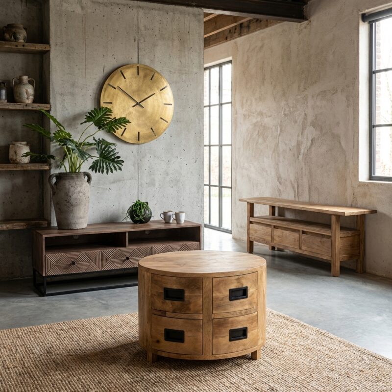 Salontafel Novelle 80, zwart, mangohout, industrieel design