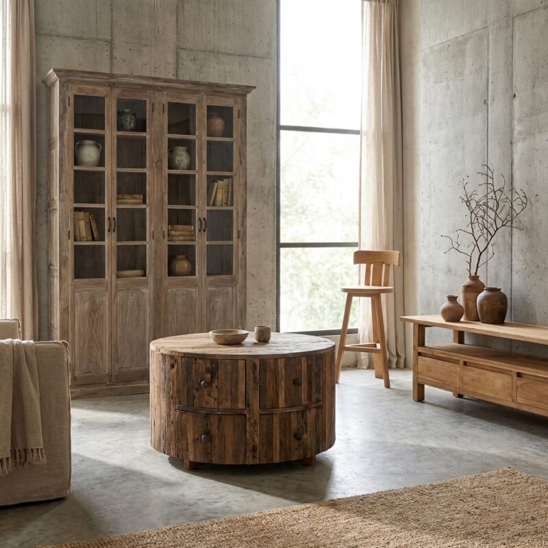 Ronde salontafel gemaakt van verweerd hout met vier laden voor een landelijk interieur