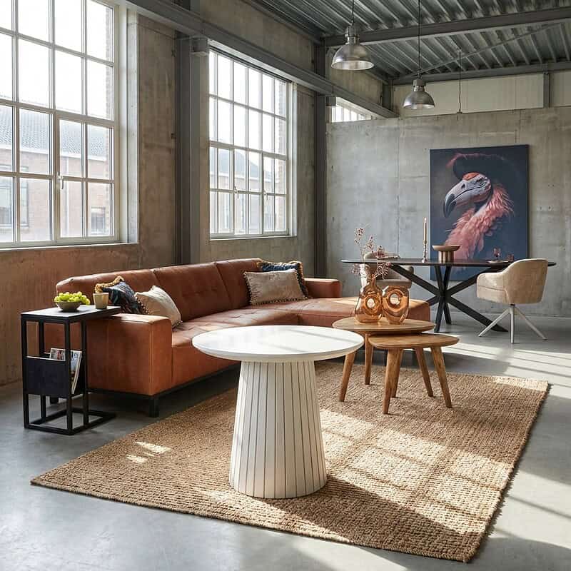 Moderne woonkamer met bank, ronde tafel en decoratieve accessoires in een industrieel interieur.