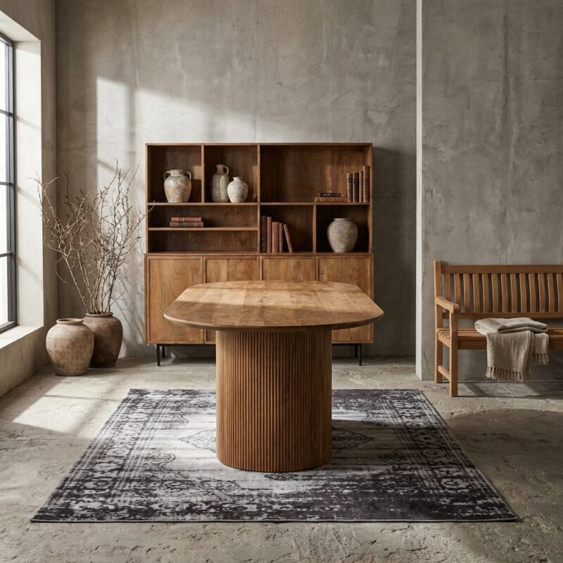 Ovale eettafel van mangohout in bruin, afgelakt, met chique middenpoot