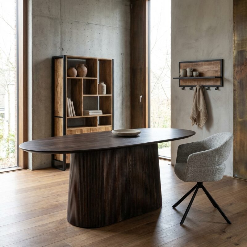 Ovale eettafel uit mangohout in bruin, afgelakt, met chique middenpoot