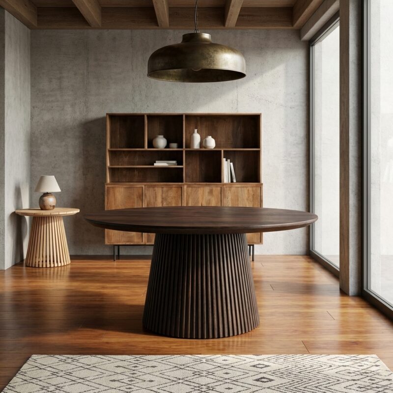 Salvator salontafel van Livingfurn in bruin mangohout met ronde vorm en afgelakte afwerking