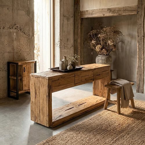 Sidetable Bridge 160, houtkleur, teakhout, wandtafel, stijlvol