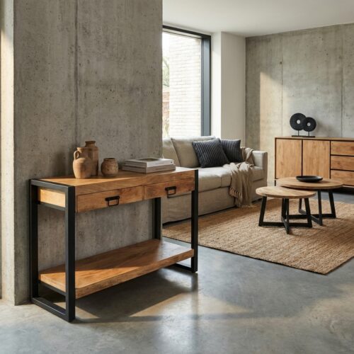 Sidetable Britt in mangohout met zwarte metalen frame en handgrepen