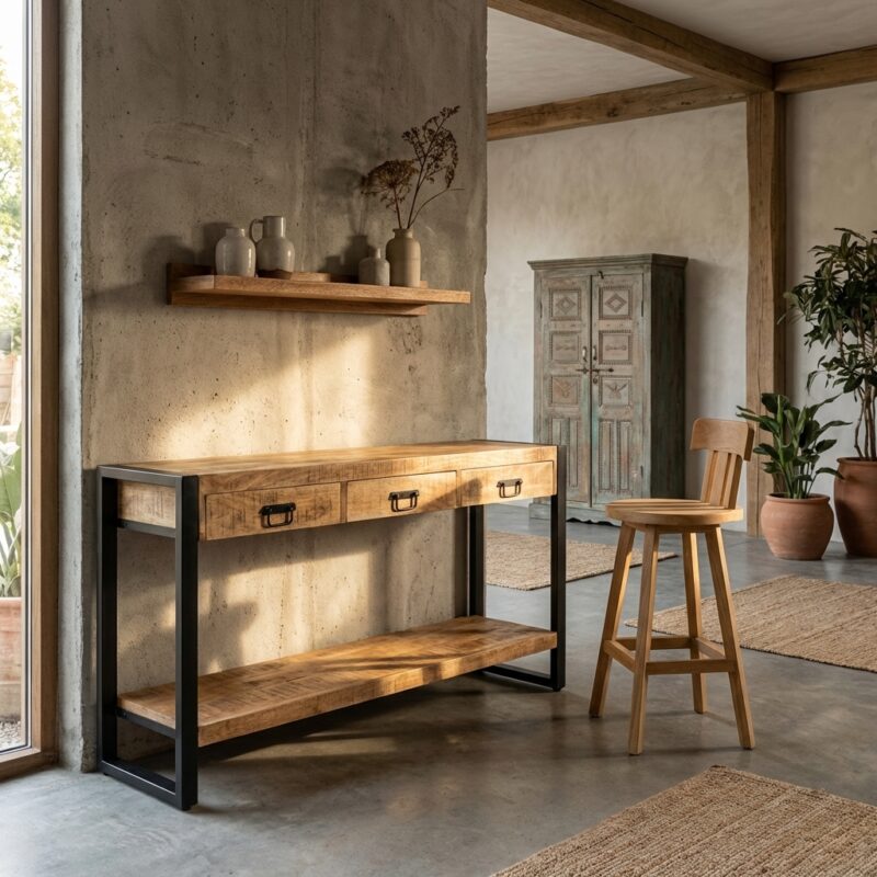 Sidetable Britt 150, houten blad, industrieel frame, praktisch en stijlvol