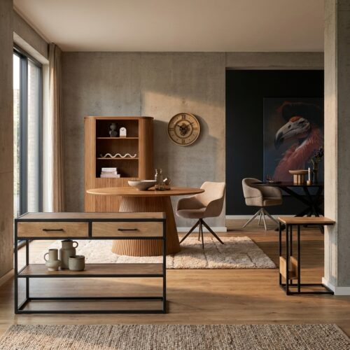 Sidetable Dakota, mangohout, lichte finish, woonserie Dakota, twee lades en onderblad