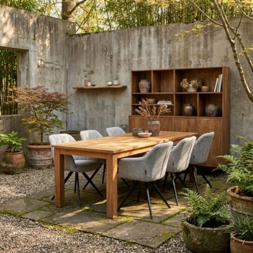 Rechthoekige teakhouten eetkamertafel Evoy van Livingfurn in natuurlijk hout