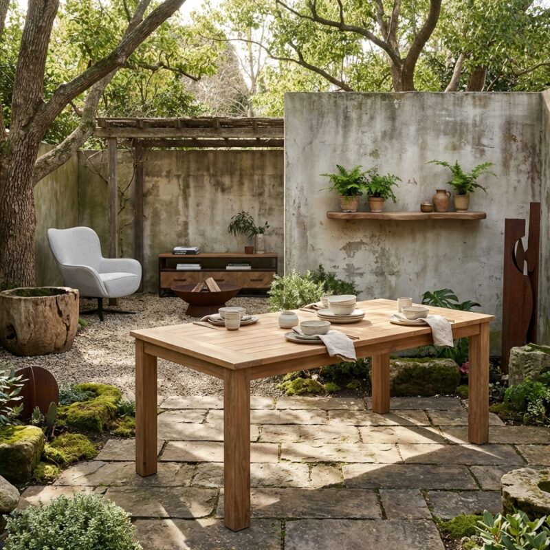 Rechthoekige teakhouten eetkamertafel Evoy van Livingfurn in natuurlijk hout