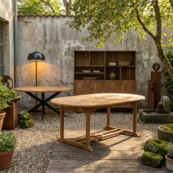 Ovale uitschuifbare tuintafel van teakhout in natuurlijke kleur