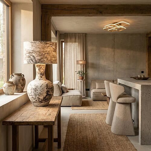 Kunstzinnig interieur met natuurlijke materialen, moderne meubels en warme verlichting in een minimalistische woonkamer. Perfect voor een gezellige en stijlvolle woonruimte.