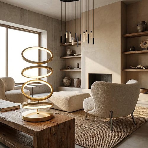 Zeer stijlvolle en moderne woonkamer met Mokana meubelen, inclusief comfortabele fauteuils, een elegante salontafel en unieke decoratieve accessoires, perfect voor een warm en uitnodigend interieur.