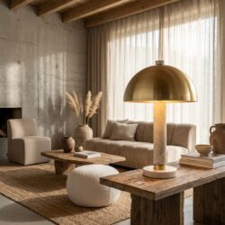 Tafellamp Jara brushed gold, handgemaakt, ijzer en travertine, subtiele lichtverspreiding