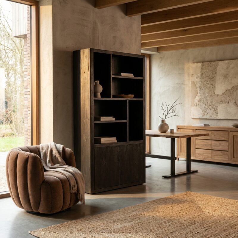 Tenna boekenkast 120 cm, landelijk modern, zwart, mango wired