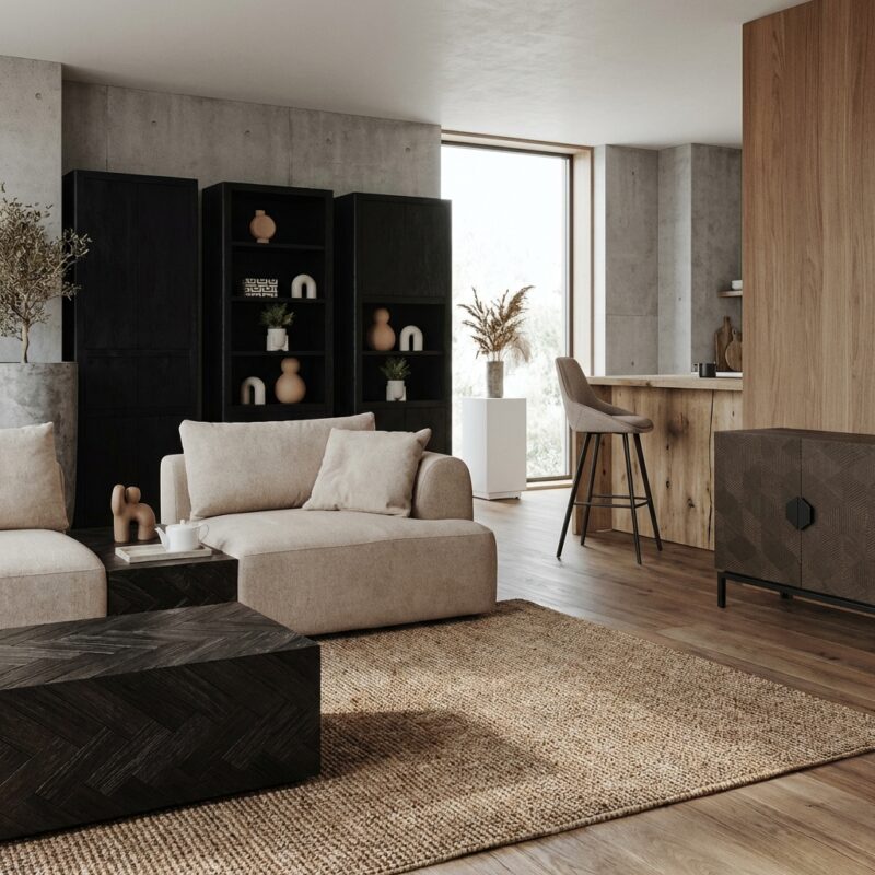 Tenna boekenkast, landelijk modern, zwart, 80 cm hoog