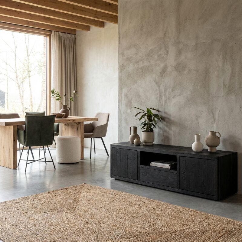 Tenna TV-meubel 150 cm, mango zwart, gemaakt van hout, modern design