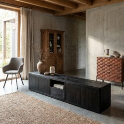 Tenna TV-meubel in mango-wit, zwarte draad en zwarte verpakking