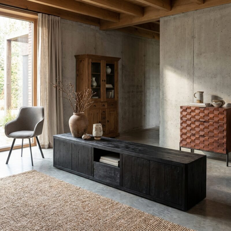 Tenna TV-meubel in mango-wit, zwarte draad en zwarte verpakking