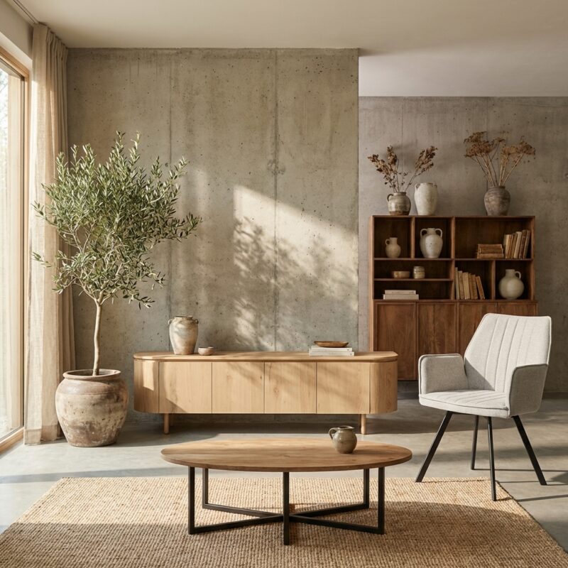 Tobago 210cm kast in natuurlijk eikenhout fineer met afgeronde vormen en strakke lijnen