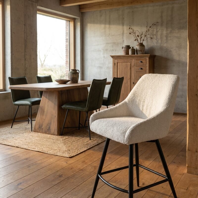 Trino barstoel met witte Trenza 04 stof en zwart poedercoating