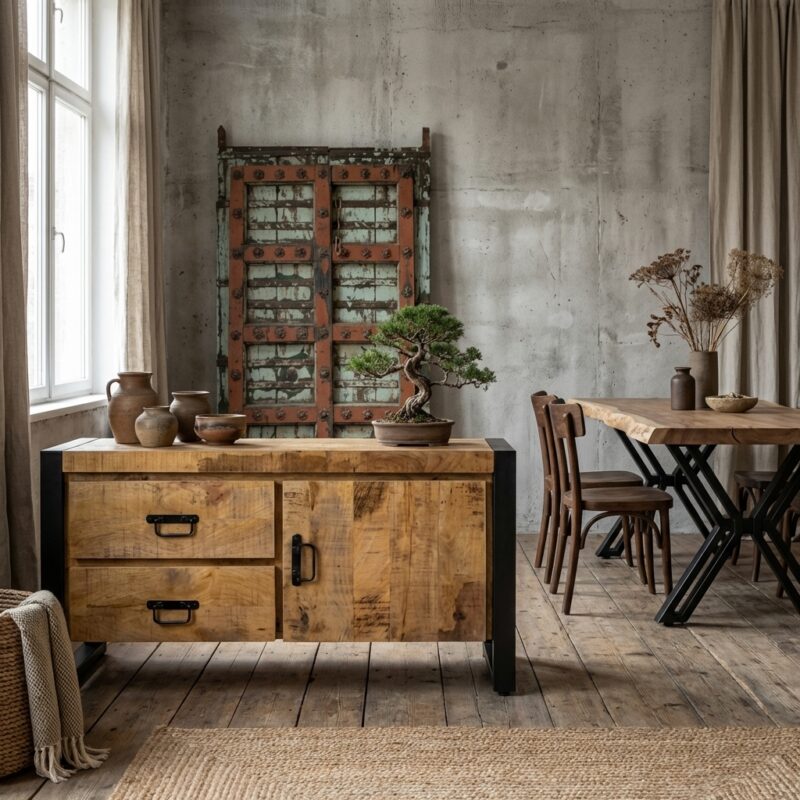 TV meubel Britt 106, houtkleur, mango hout en staal, modern design