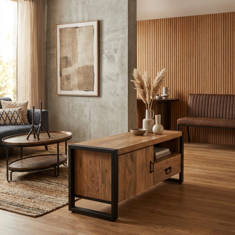 Tv meubel Britt, massief mangohout en metaal, woonserie