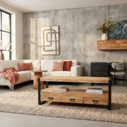 Tv meubel Britt, massief mangohout, lichte finish, zwarte metalen beslag