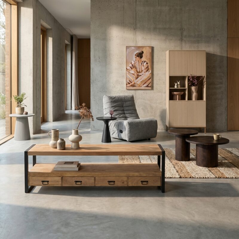 Tv meubel Britt in mangohout met lichte finish en zwarte handgrepen