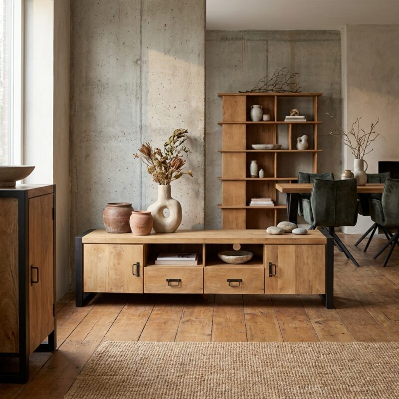 Tv meubel Britt, massief mangohout en metaal, woonserie, zwarte lak