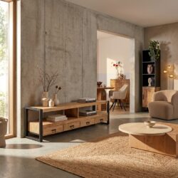 Tv meubel Britt, mangohout, lichte finish, zwarte handgrepen