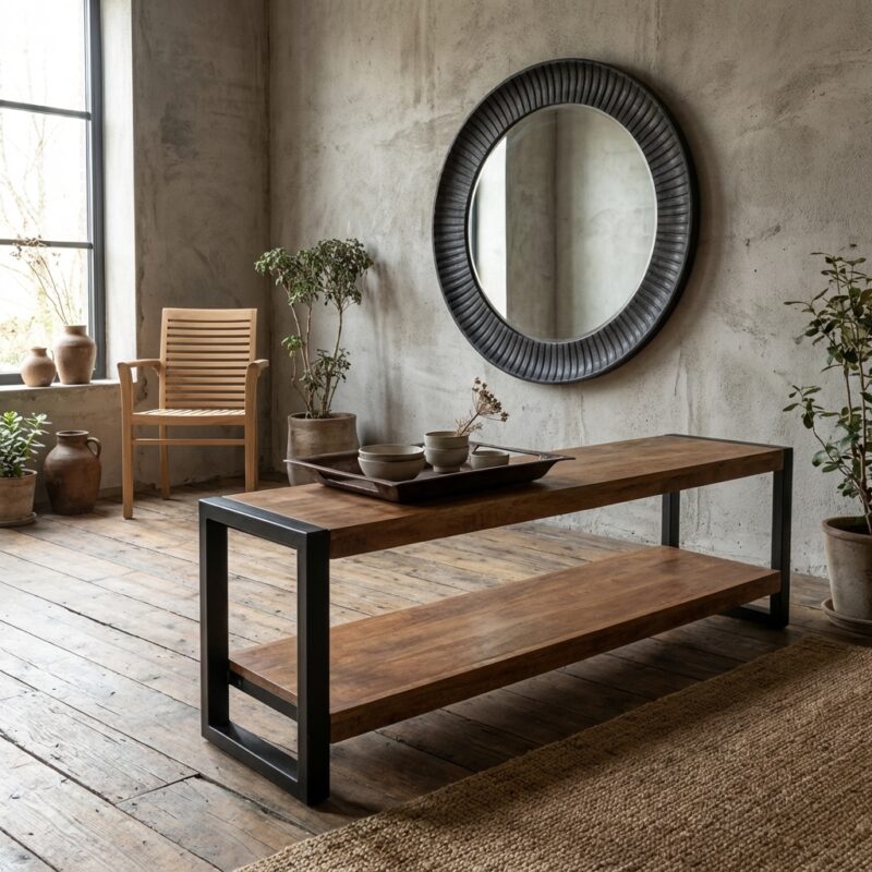 Britt Open 180 tv-meubel met mango hout en stalen frame in zwart