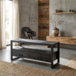 Britt zwart tv-meubel met laden, industrieel ontwerp, mango hout en staal