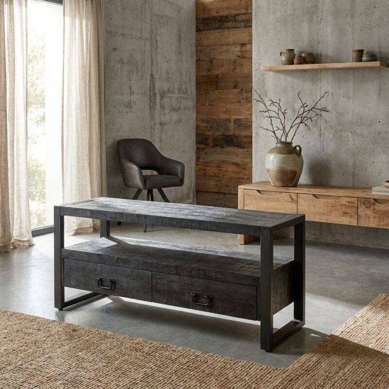 Britt zwart tv-meubel met laden, industrieel ontwerp, mango hout en staal