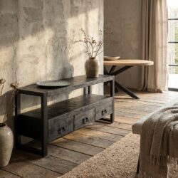 Tv-meubel Britt Zwart met laden 150 cm breed, mango hout en staal