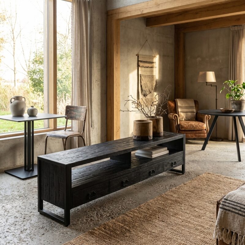 Tv-meubel Britt Zwart met laden, modern industrieel ontwerp met mango hout en staal