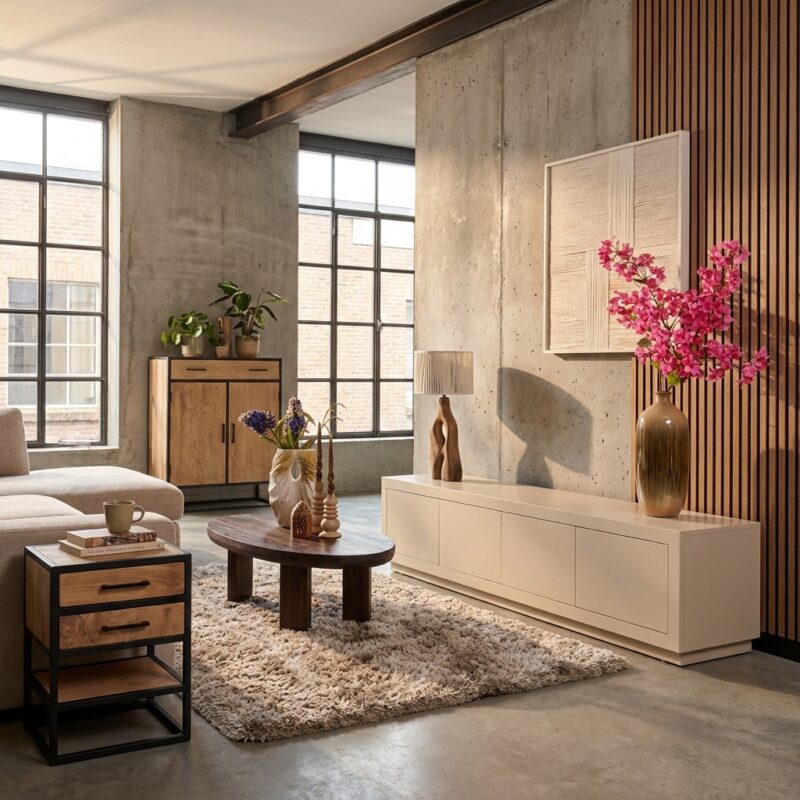 TV-meubel Brussel Sand, mangohout, strak design, media-opbergruimte