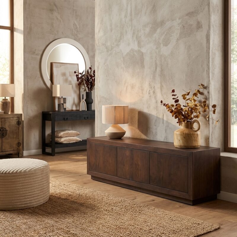 TV-meubel Brussel Walnut, mangohout, bruine finish, modern design