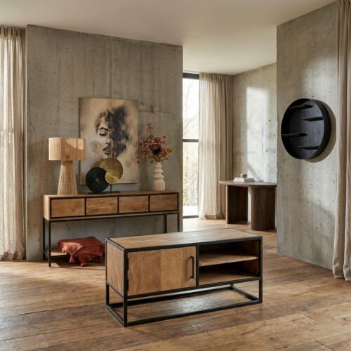 Tv meubel Dakota, mangohout, zwart metalen frame, woonserie